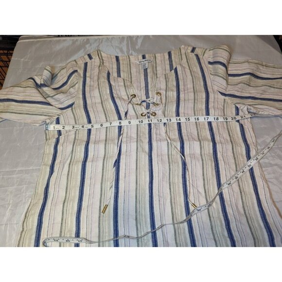 TOMMY BAHAMA Women's L Multicolor Metallic Striped Linen Blend Lace Up Tunic Top - Picture 11 of 14